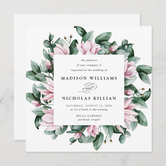 Invitation Magnolia & Eucalyptus | MARIAGE CARRÉ (Devant / Derrière)