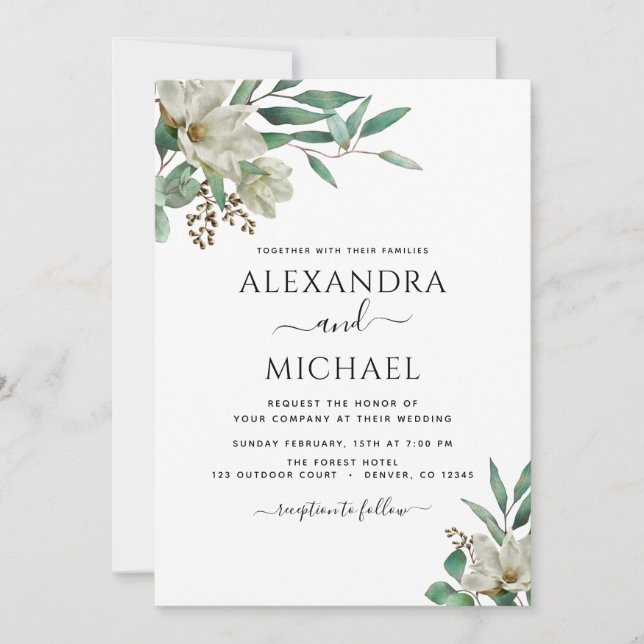 Invitation Magnolia Eucalyptus Photo Mariage élégant (Devant)