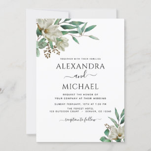 Invitation Magnolia Eucalyptus Photo Mariage élégant