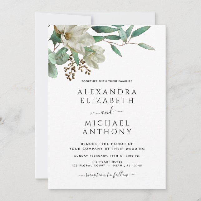 Invitation Magnolia Eucalyptus Photo Mariage élégant (Devant)