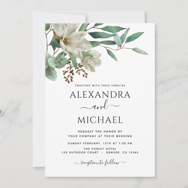 Invitation Magnolia Eucalyptus Photo Mariage élégant (Devant)