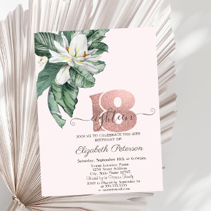 Invitation Magnolia Feuilles Tropicales Rose 18ème Anniversai