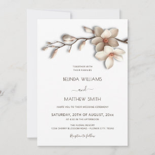 Invitation Magnolia Fleur 3D Blanc Ivoire Mariage Minimaliste