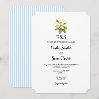 Invitation Magnolia Fleur Mariage Monogramme Rayure Bleue