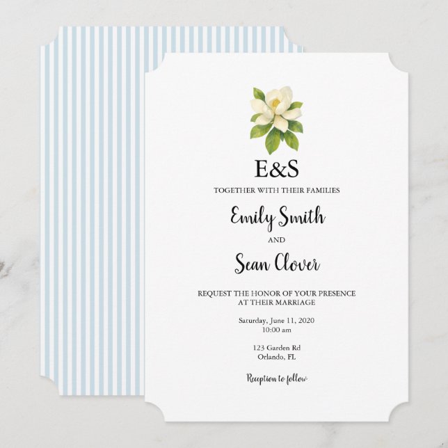 Invitation Magnolia Fleur Mariage Monogramme Rayure Bleue (Devant / Derrière)