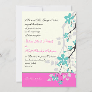 Invitation Magnolia fleurs turquoise, mariage rose chaud