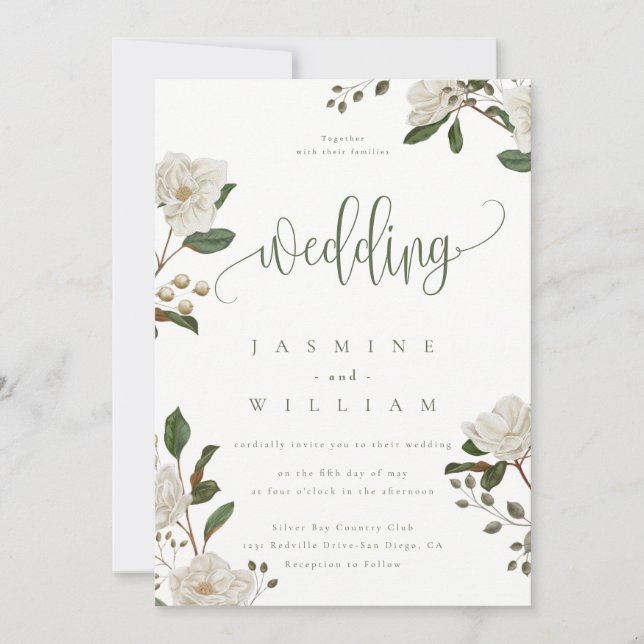 Invitation Magnolia Floral Moderne Mariage  (Devant)