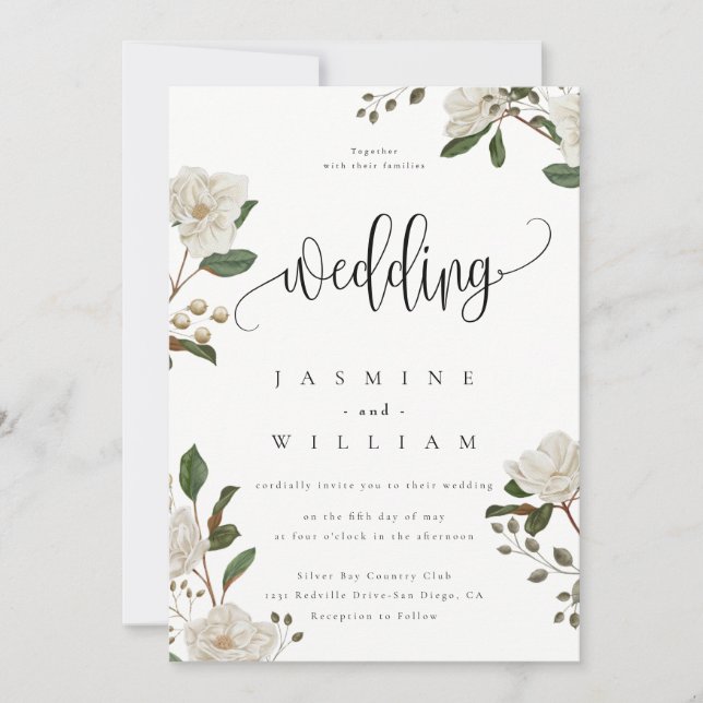 Invitation Magnolia Floral Moderne Mariage  (Devant)