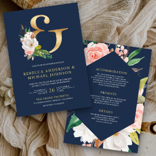 Invitation Magnolia Floral Or Ampersand Bleu de Nuit Mariage