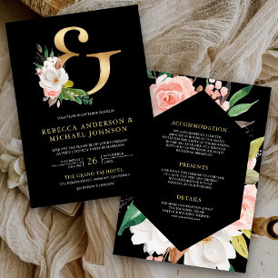 Invitation Magnolia Floral Or Ampersand noir Mariage