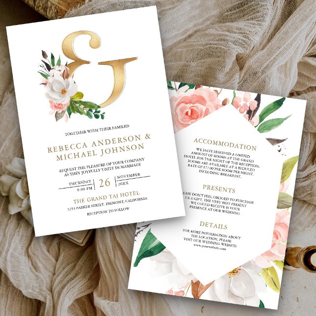 Invitation Magnolia Floral Or Ampersand tout en un Mariage (Créateur téléchargé)