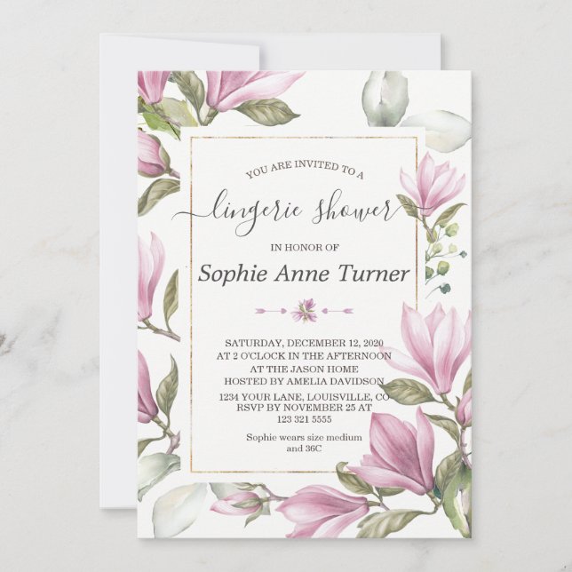 Invitation Magnolia Floral Or Calligraphie Lingerie Douche (Devant)