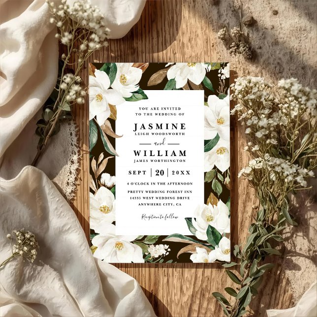 Invitation Magnolia Floral Rustique Élégant Code QR Mariage (Créateur téléchargé)
