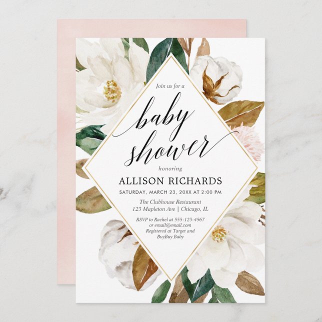 Invitation Magnolia floral verdure rustique baby shower fille (Devant / Derrière)
