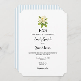 Invitation Magnolia Flower Wedding Monogram Blue Stripe