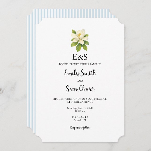 Invitation Magnolia Flower Wedding Monogram Blue Stripe (Devant / Derrière)