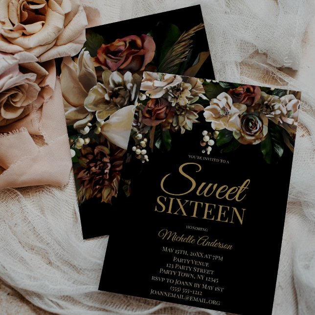 Invitation Magnolia Gold et Black Floral Sweet sixteen (Créateur téléchargé)