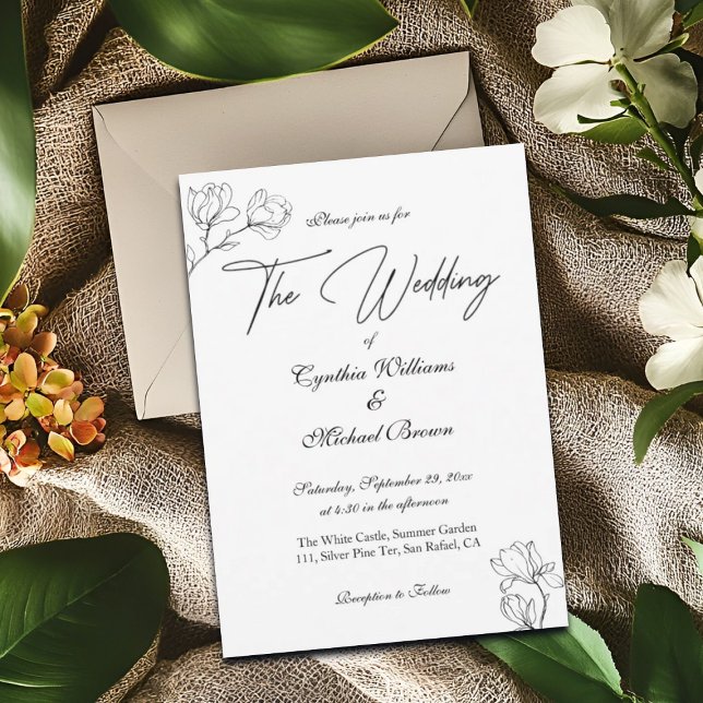 Invitation Magnolia Line Art Mariage noir et blanc (Créateur téléchargé)