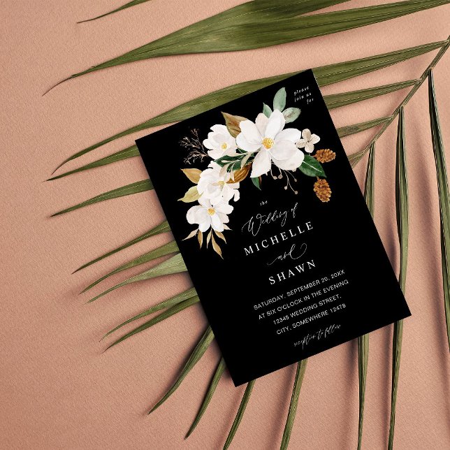 Invitation Magnolia Mariage Floral Blanc - Noir (Créateur téléchargé)