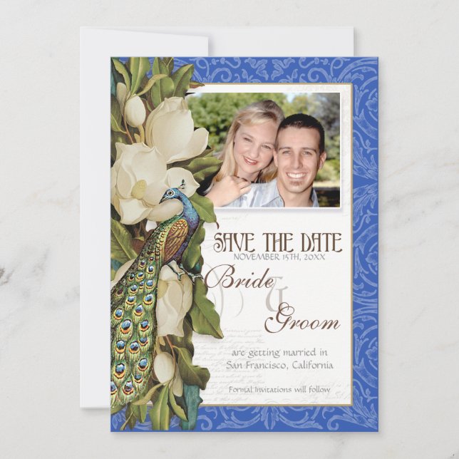 Invitation Magnolia Paon Floral Tourbillon Damassé Mariage (Devant)