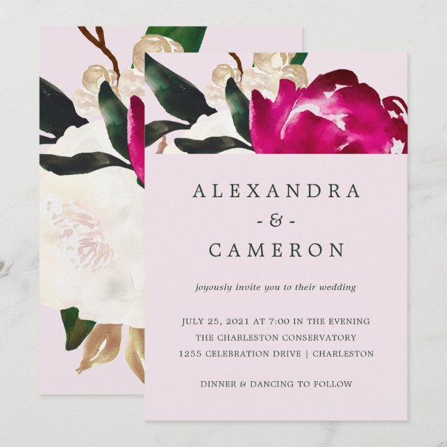 Invitation Magnolia peint sur rose pâle | MARIAGE (Devant / Derrière)