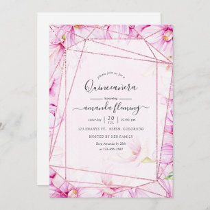 Invitation Magnolia rose d'or et rose géométrique Quinceañera