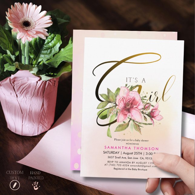 Invitation Magnolia Rose Élégant Écriture Dorée C'est une Fil (Elegant Pink Magnolia Gold Script It's a Girl Baby Invitation)