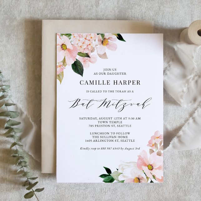 Invitation Magnolia rose pâle et Bat mitzvah Hydrangea (Créateur téléchargé)