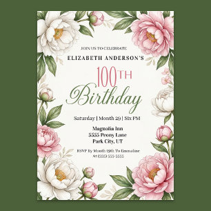Invitation Magnolia Rose Tendre et Pivoine 100e Anniversaire