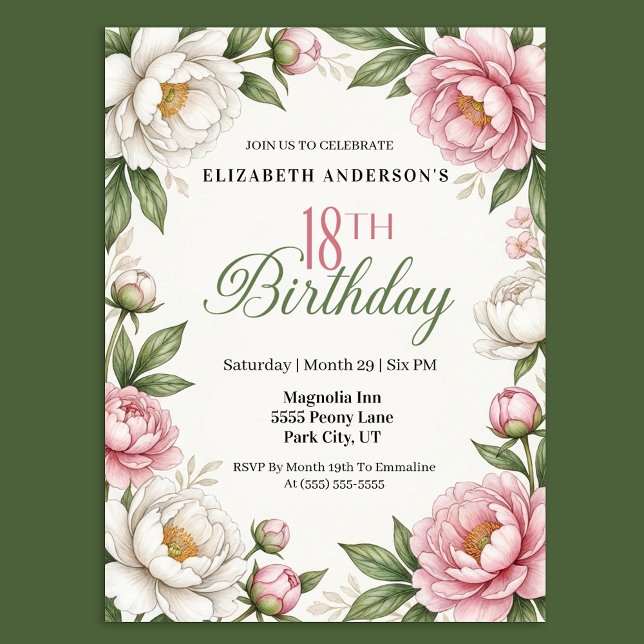 Invitation Magnolia Rose Tendre et Pivoine 18ème Anniversaire (Créateur téléchargé)