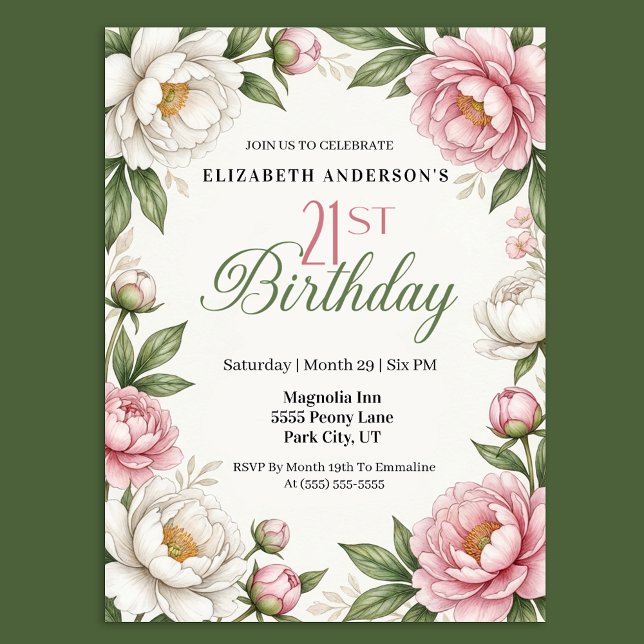 Invitation Magnolia Rose Tendre et Pivoine 21ème Anniversaire (Créateur téléchargé)