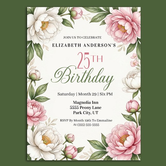 Invitation Magnolia Rose Tendre et Pivoine 25e Anniversaire (Créateur téléchargé)
