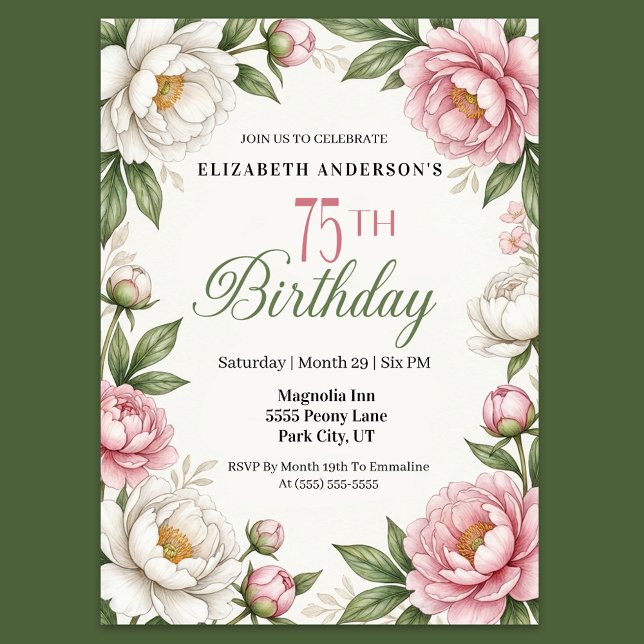 Invitation Magnolia Rose Tendre et Pivoine 75e Anniversaire (Elegant floral 75th birthday invitation with pink peonies white magnolias and green leaves)
