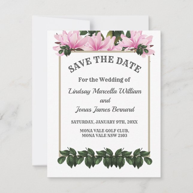 Invitation Magnolia Rose Vert Floral Enregistrer La Date (Devant)