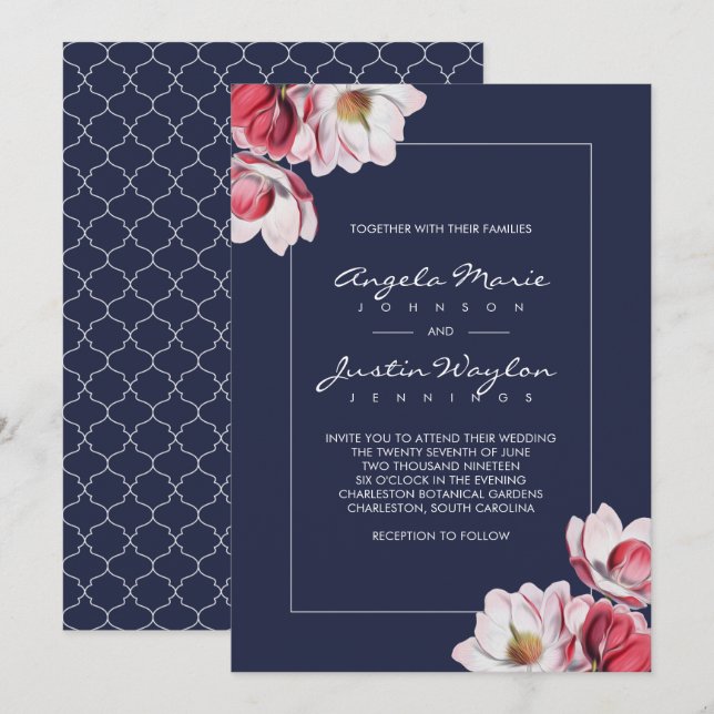 Invitation Magnolia Sud Mariage Minuit Bleu (Devant / Derrière)