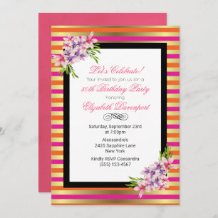 Invitation Magnolia sur Pink & Faux Gold Stripes Anniversaire