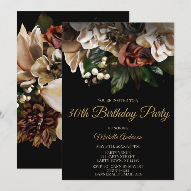 Invitation Magnolia Top Gold et Black Floral Anniversaire (Devant / Derrière)