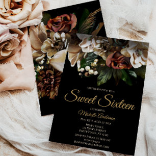 Invitation Magnolia Top Gold et Black Floral Sweet sixteen