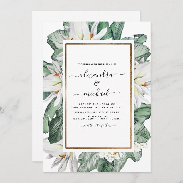Invitation Magnolia Tropical Verdure Palm Floral Mariage Inv (Devant / Derrière)
