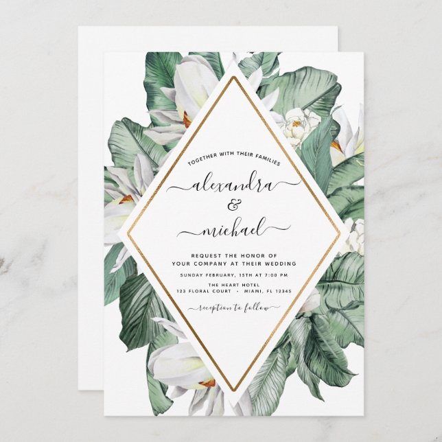 Invitation Magnolia Tropical Verdure Palm Floral Mariage Inv (Devant / Derrière)