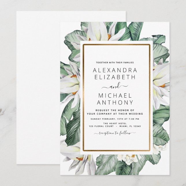 Invitation Magnolia Tropical Verdure Palm Floral Mariage Inv (Devant / Derrière)