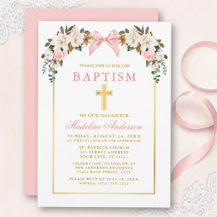 Invitation Magnolias Aquarelle Roses Rose Ruban Doré Baptême