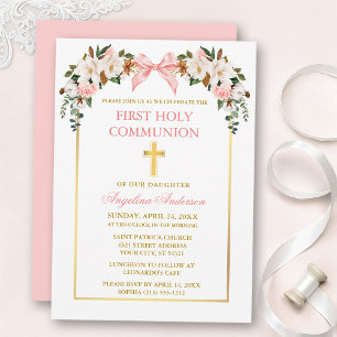 Invitation Magnolias Aquarelle Roses Rose Ruban Doré Communio