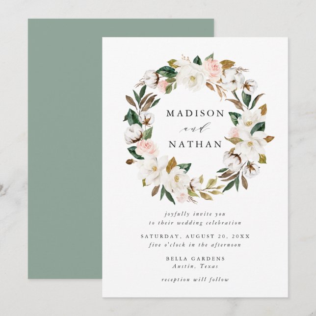 Invitation Magnolias aquarelles | Floral Mariage de couronne (Devant / Derrière)