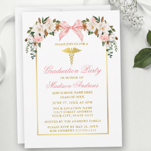 Invitation Magnolias Aquarelles Ruban Rose Fête de Diplômé Mé