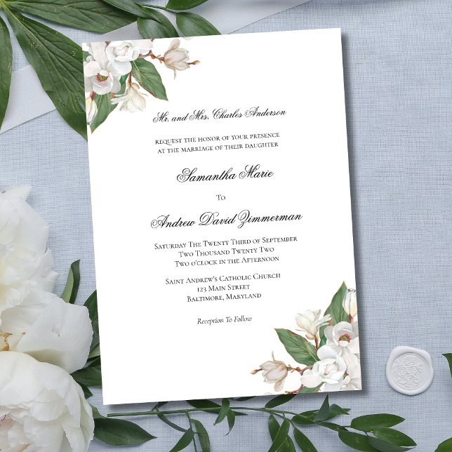 Invitation Magnolias Blanc Classique Formel Mariage Élégant (White Floral Magnolia Flowers Formal Traditional Classic Wedding Invitation)