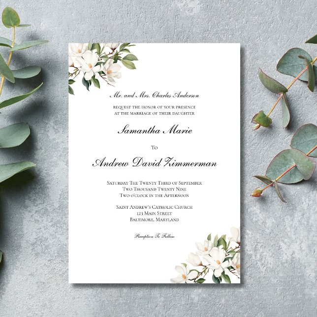 Invitation Magnolias Blancs Élégance Formel Classique de Mari (Elegant Classic Traditional White Magnolias Wedding invitation)