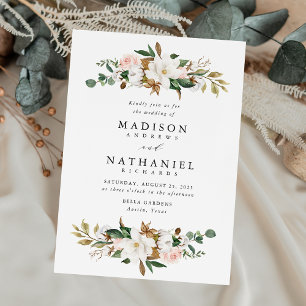 Invitation Magnolias Blancs Élégants et Mariage Floral Rose