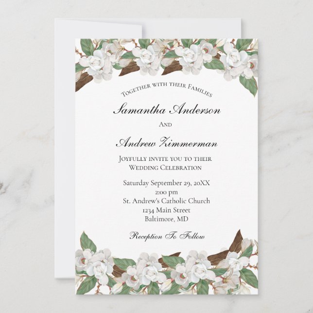 Invitation Magnolias Blancs Fleurs Élégance Mariage Formel (Devant)