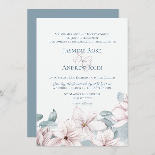 Invitation Magnolias Bleu Dusty Élégant Mariage Printemps (Devant / Derrière)